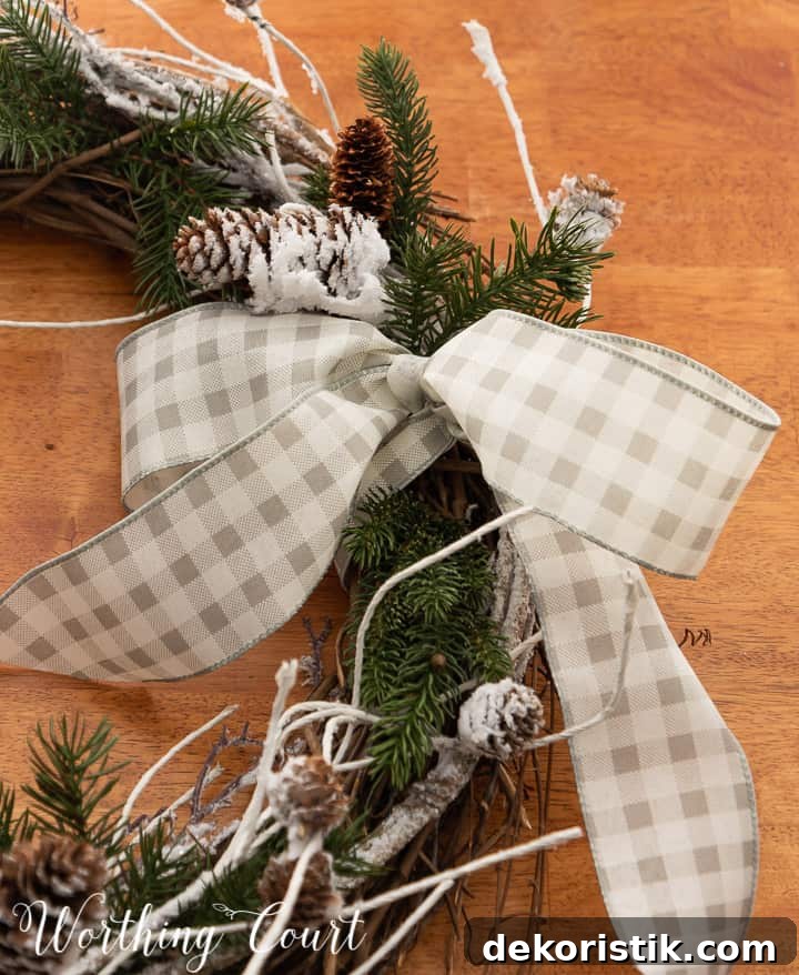 closeup of a gray and white checked bow on a wreath