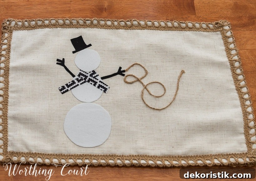 in process photo of diy pillow cover with snowman