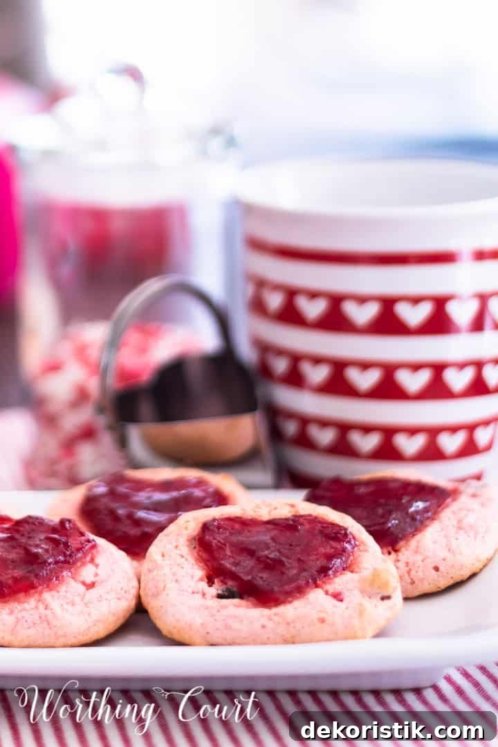 strawberry cookies on a white plate staged with other red and white items for Valentine's Day