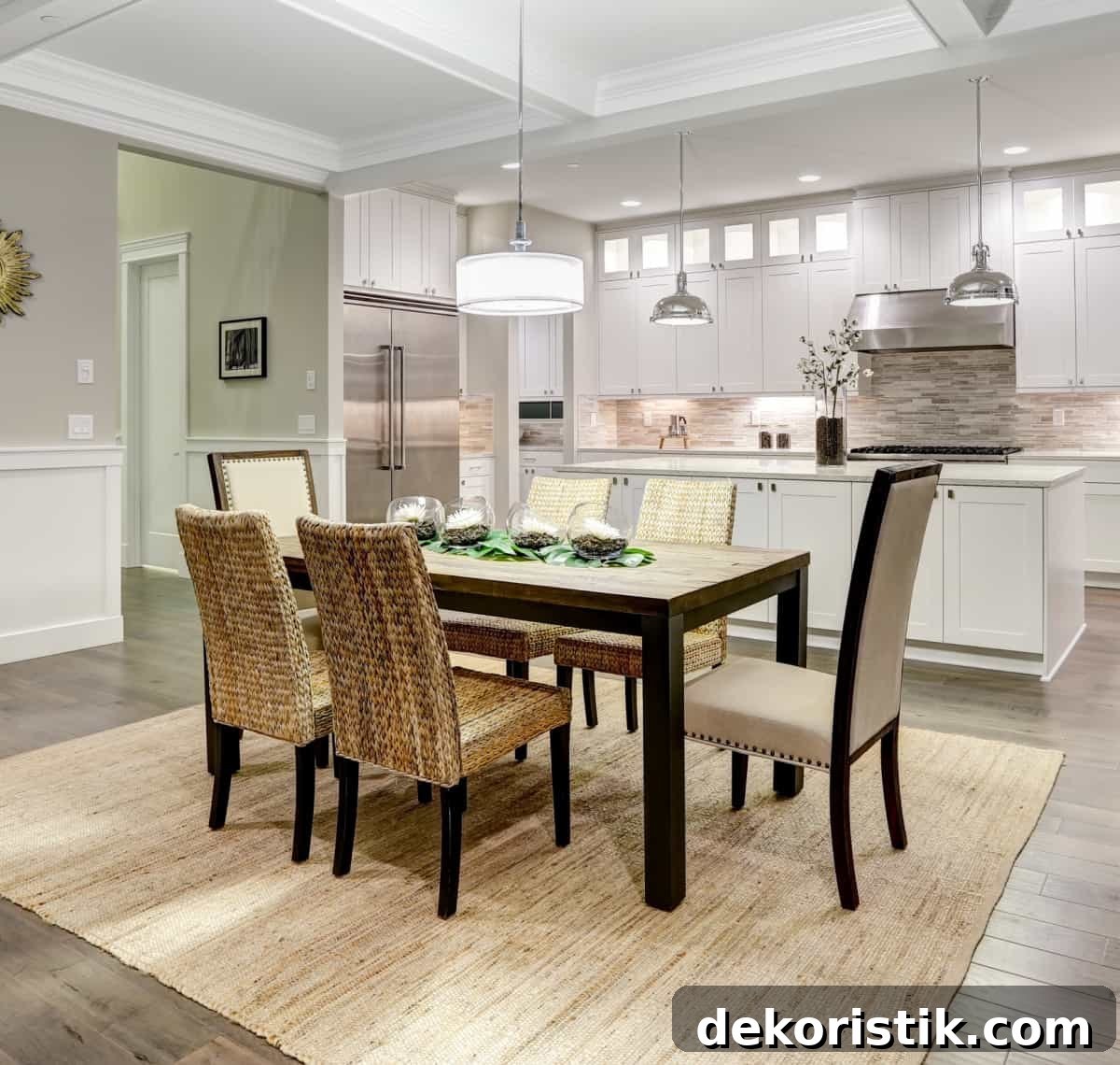 dining table and chairs in a kitchen on a sisal rug