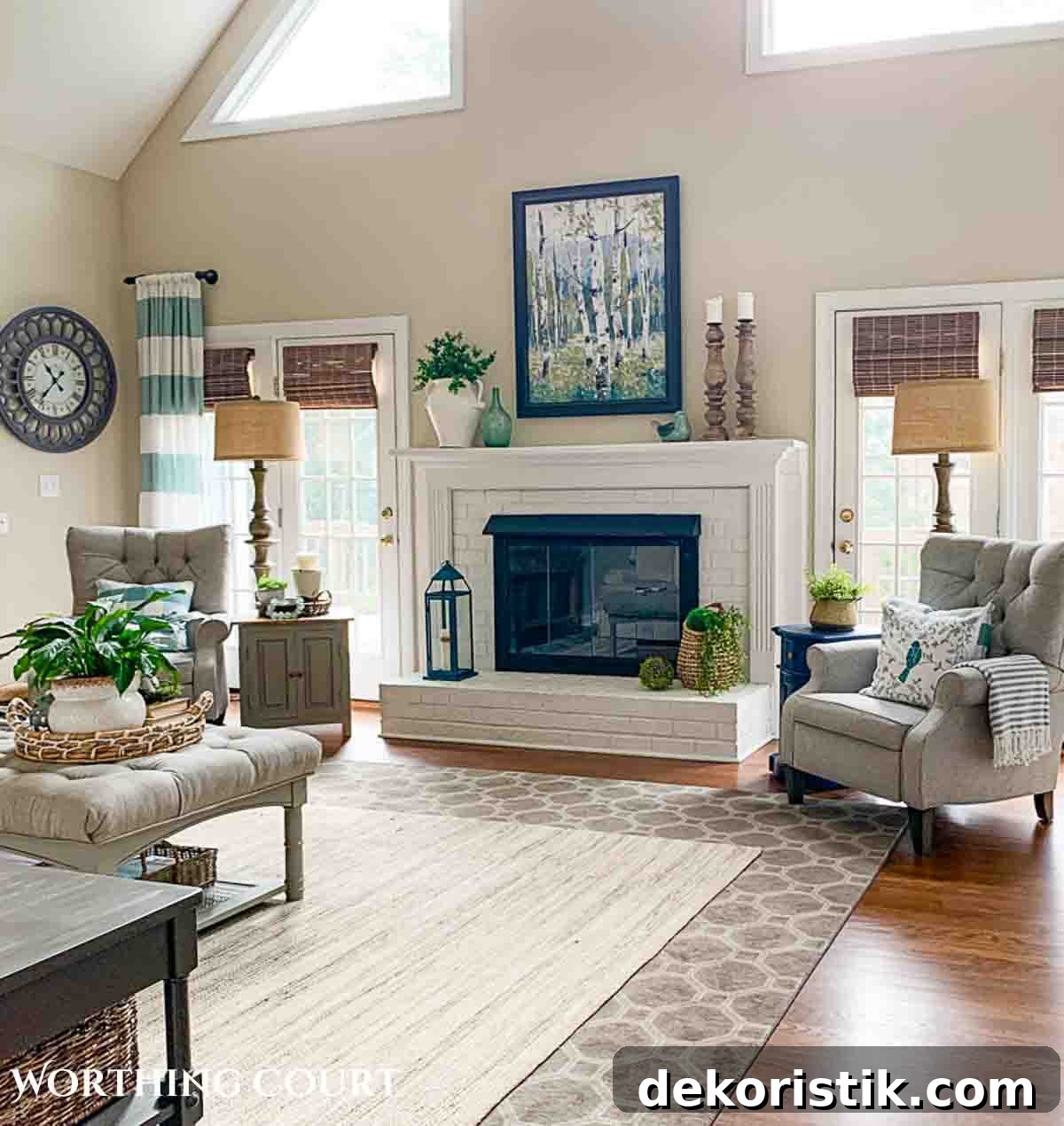 living room with white brick fireplace and neutral colored furniture and rugs
