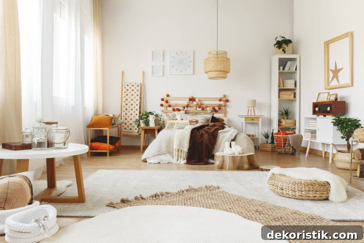 bedroom with neutral colored area rugs