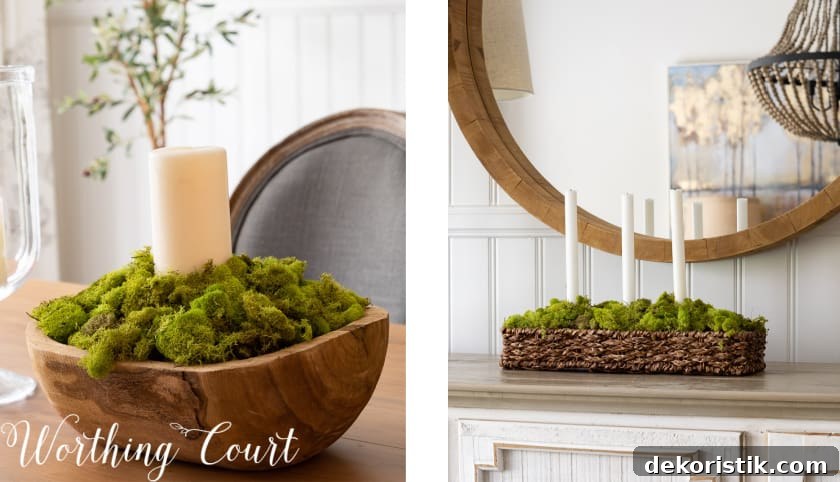 2 photos of moss bowls with white candles