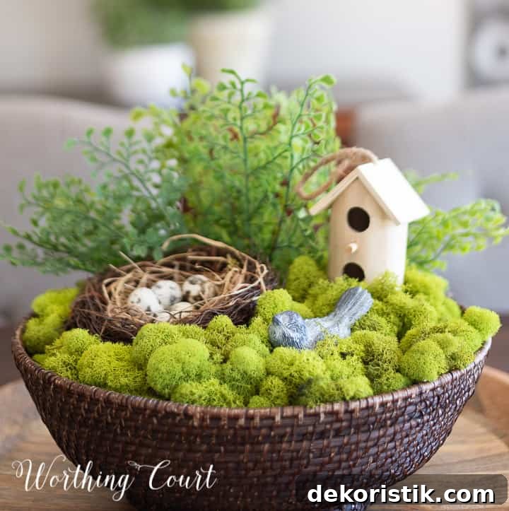 wicker bowl filled with green moss, faux greenery, a nest and faux bird