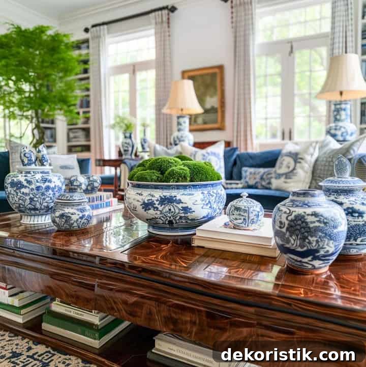 blue and white chinoiserie bowl filled with moss ball orbs on a coffee table with other blue and white accessories in a living room