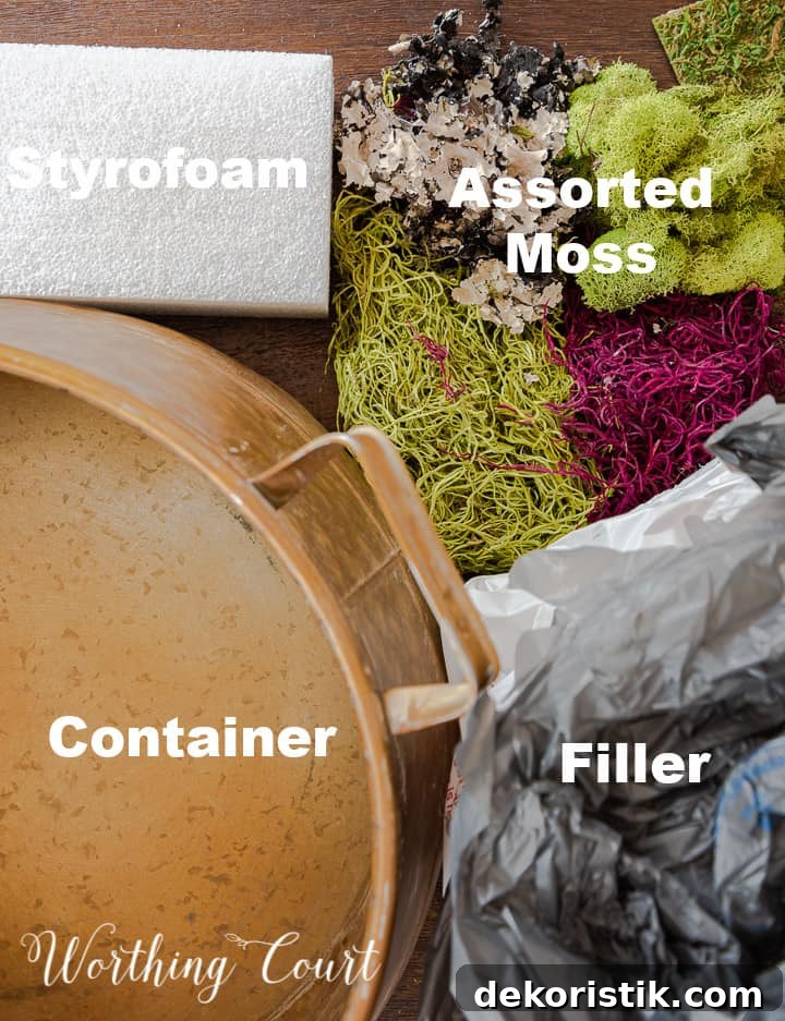 image showing the items needed for making a basic moss bowl