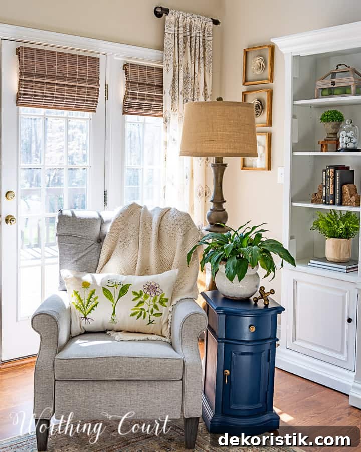 gray chair with tufted back with a floor lamp and blue side table with a spring pillow and live plant