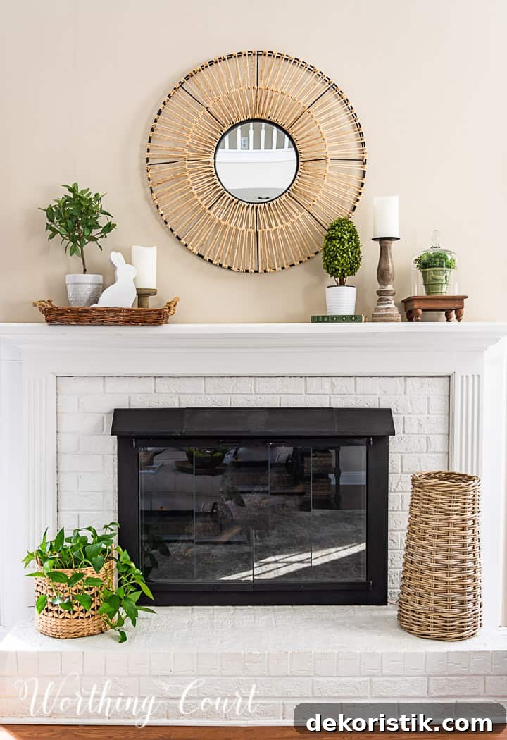white fireplace with spring decorations on the mantle