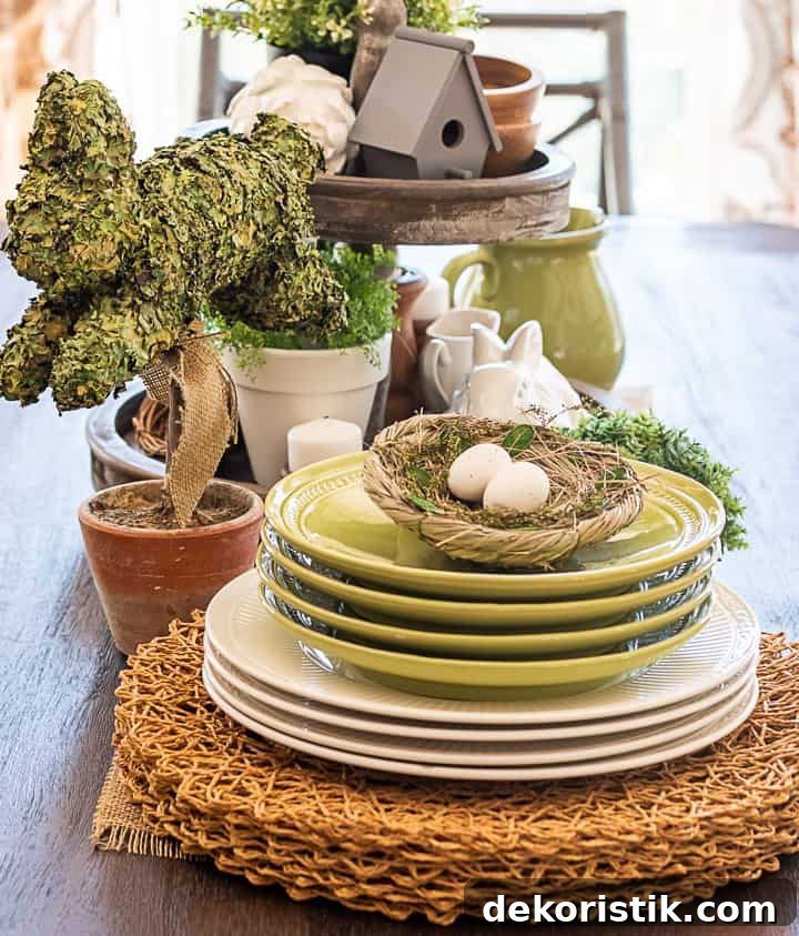 portion of a spring centerpiece with stacked green and white plates and a bunny topiary