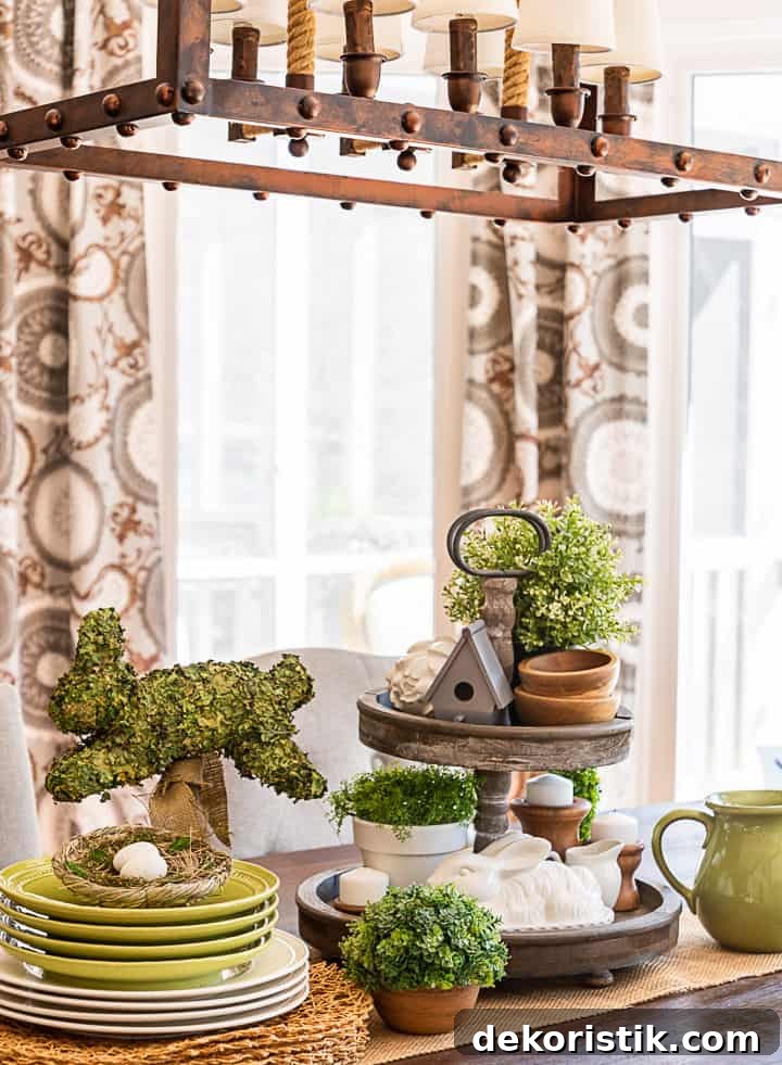 tiered tray decorated for spring with greenery, a birdhouse, candles and a bunny beside stacked plates and a bunny topiary
