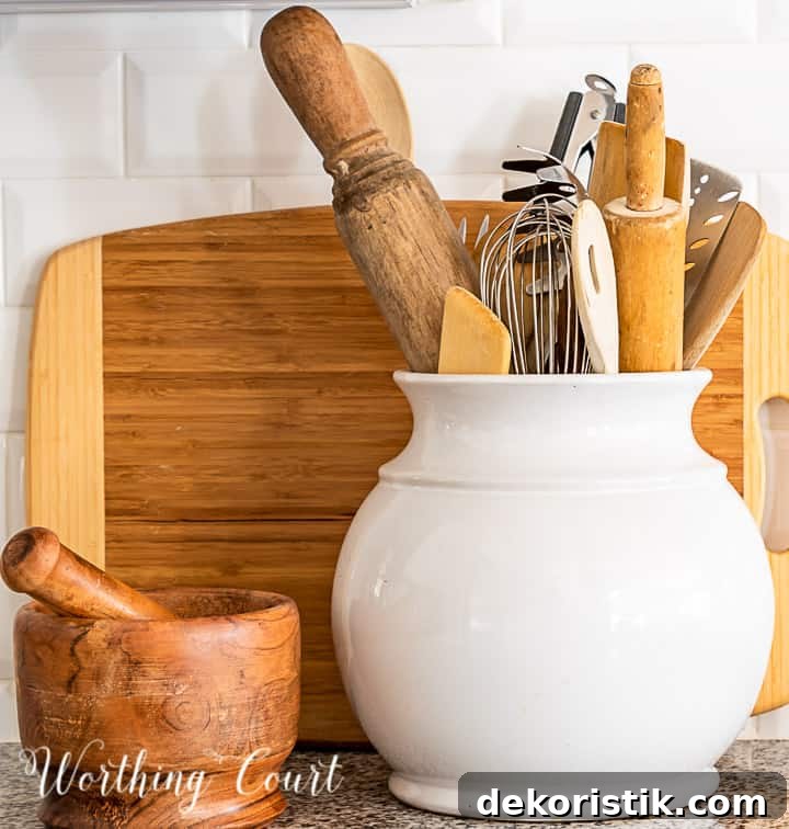 kitchen counter decorations against a white subway tile backsplash