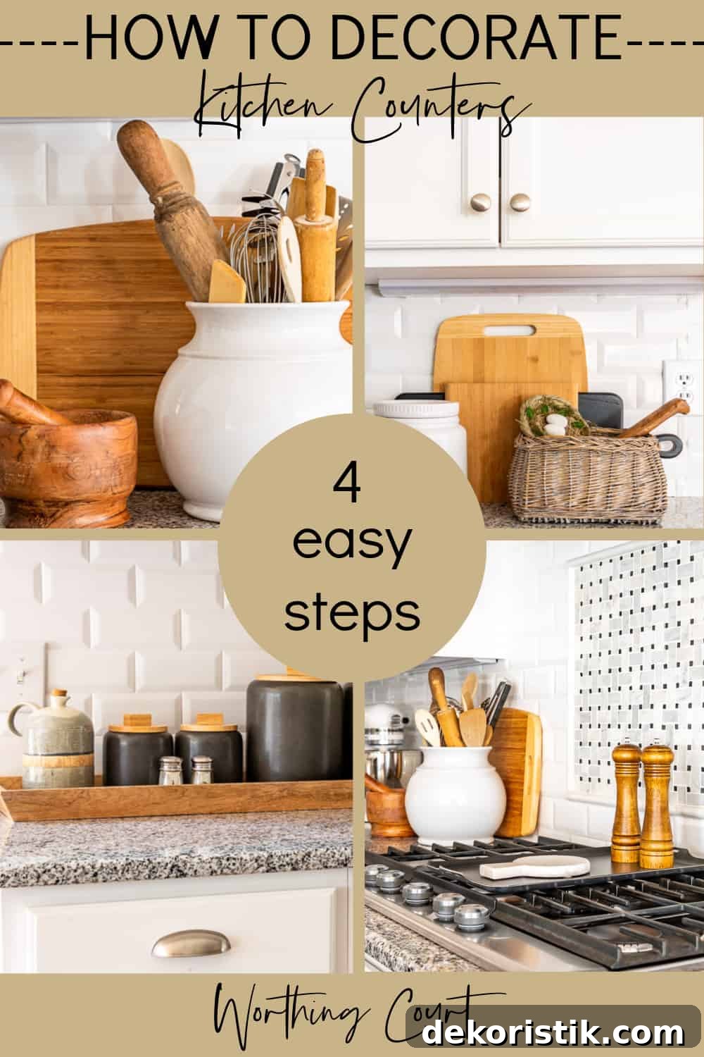 pinterest image for blog post about how to decorate kitchen countertops
