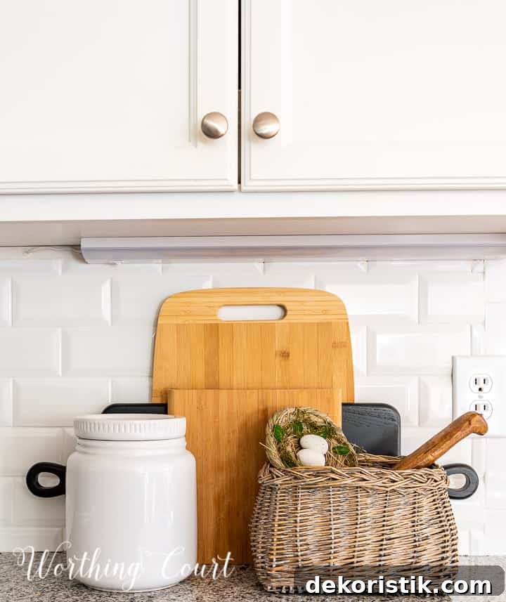 kitchen counter decorations against a white subway tile backsplash