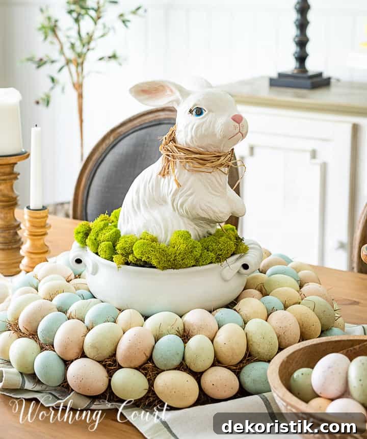 Easter centerpiece with white ceramic bunny in the middle of an egg wreath and a wood bowl filled with faux Easter eggs