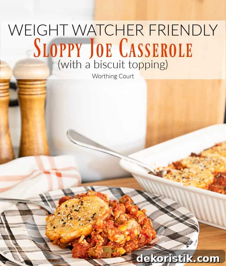 image of sloppy joe casserole topped with biscuits