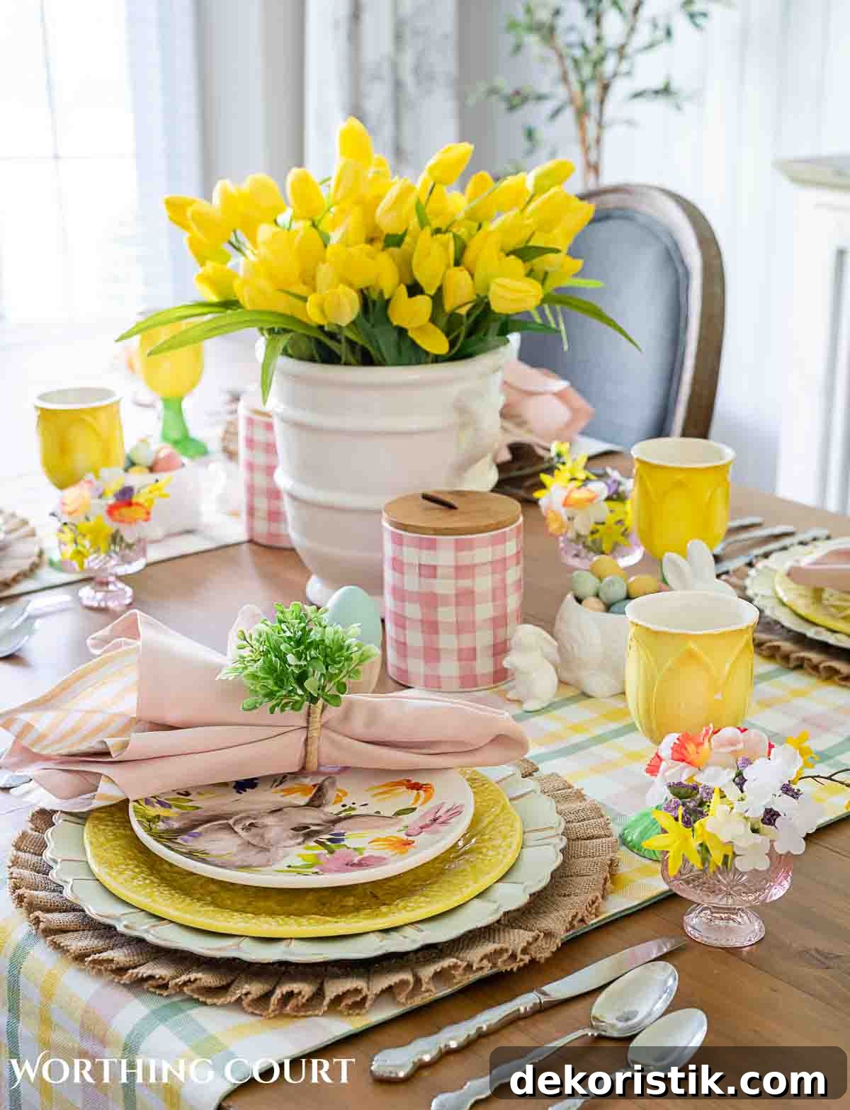 Yellow and pink Easter table decorations