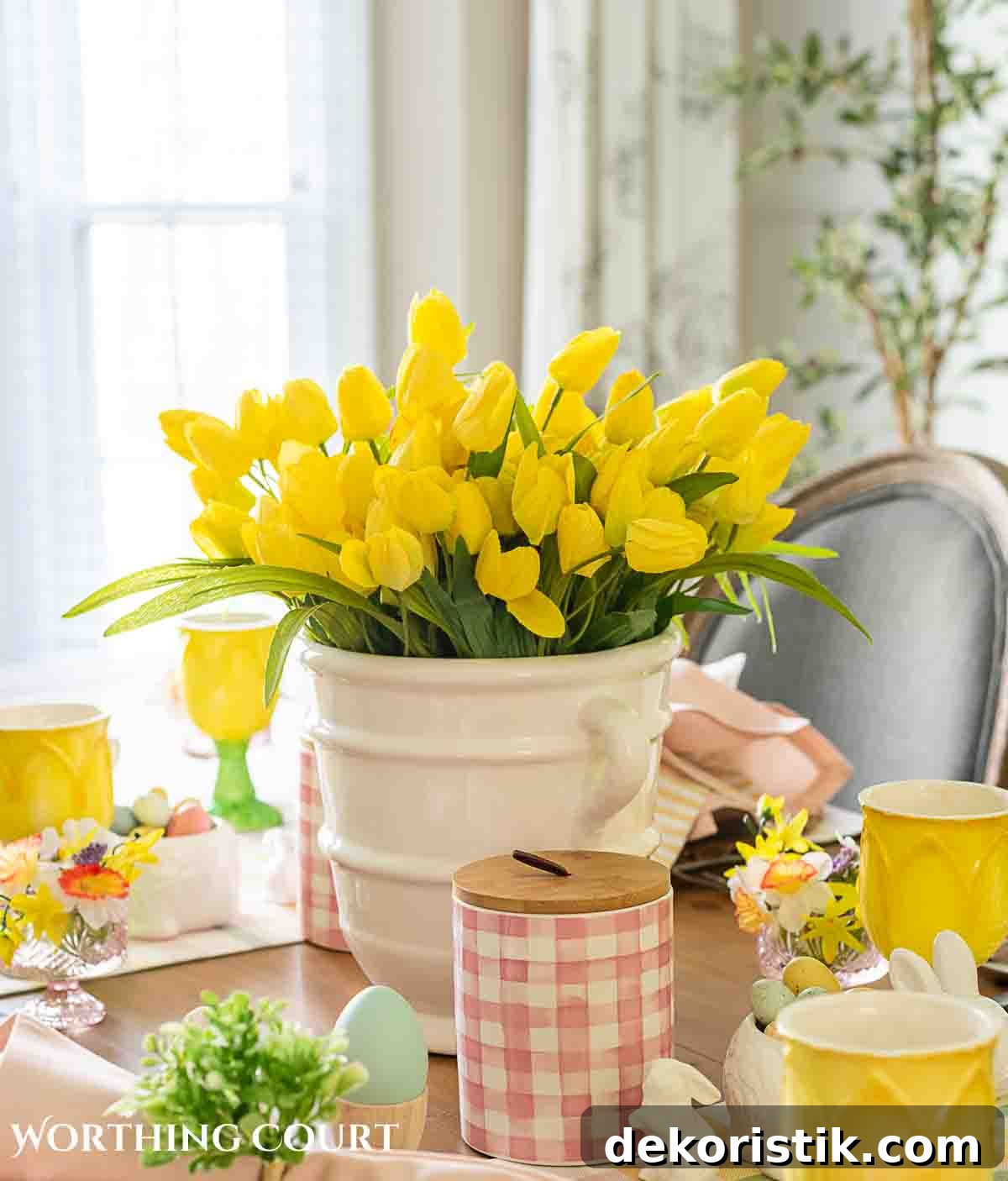 Yellow and pink Easter table decorations