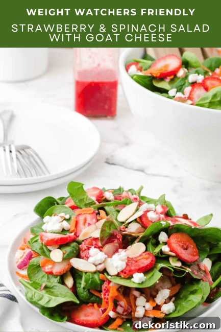 This delicious Weight Watcher friendly strawberry spinach salad with goat cheese and raspberry vinaigrette is the perfect healthy summer recipe! Easy to make, beautiful to serve, and bursting with fresh flavor.