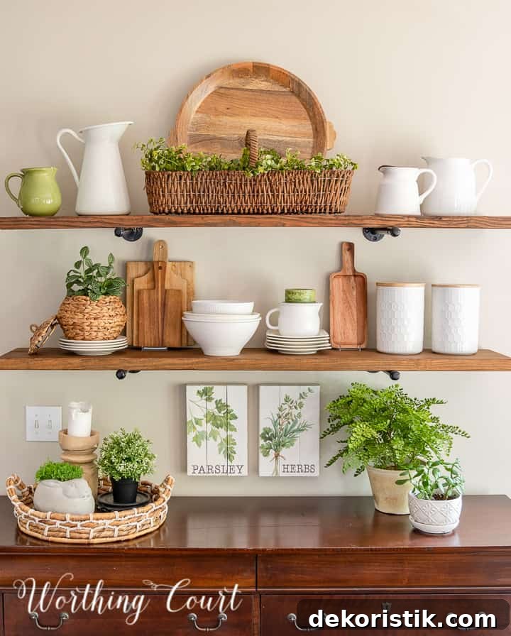 Open shelves decorated for summer with wood and white accessories and faux greenery.