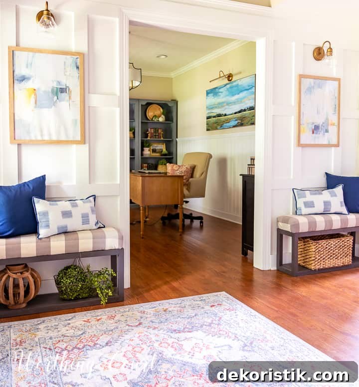 white board and batten wall and small benches flanking a door opening