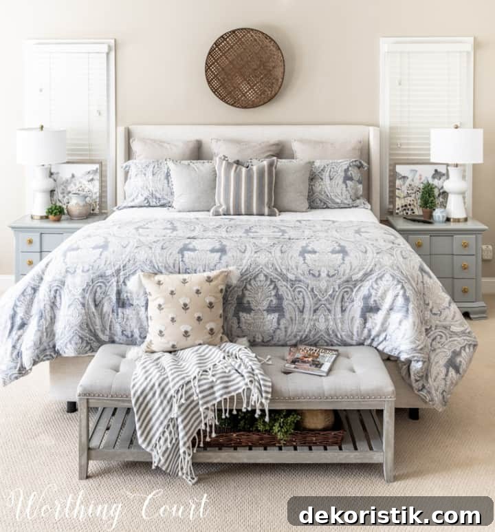 king size bed with blue, white and gray bedding with a bench at the foot
