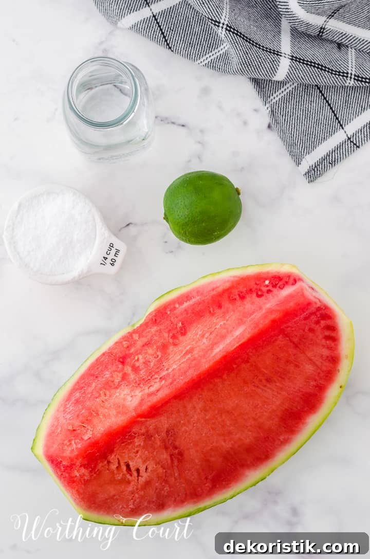 ingredients to make watermelon sorbet - watermelon, artificial sweetener, lime and water