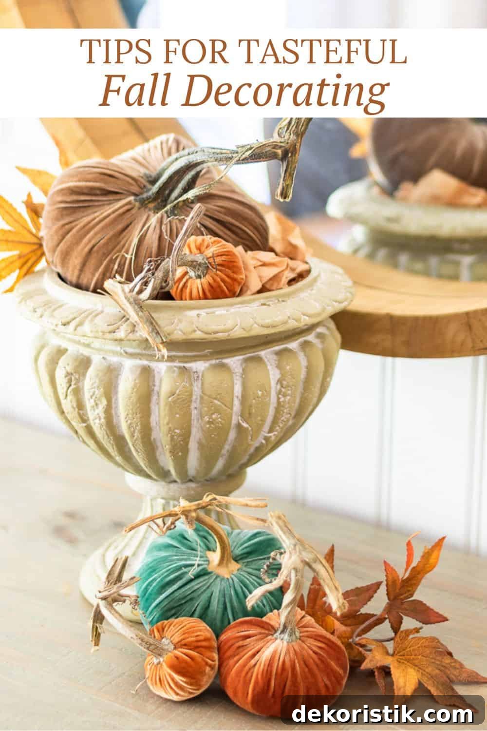 Pinterest graphic for how to decorate your home for fall in a tasteful manner.