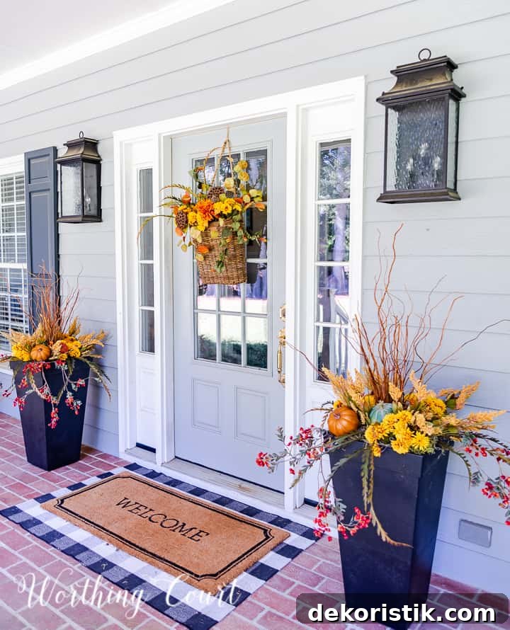 gray front door with a hanging basket and flanked with urns filled with faux fall stems and pumpkins in fall colors