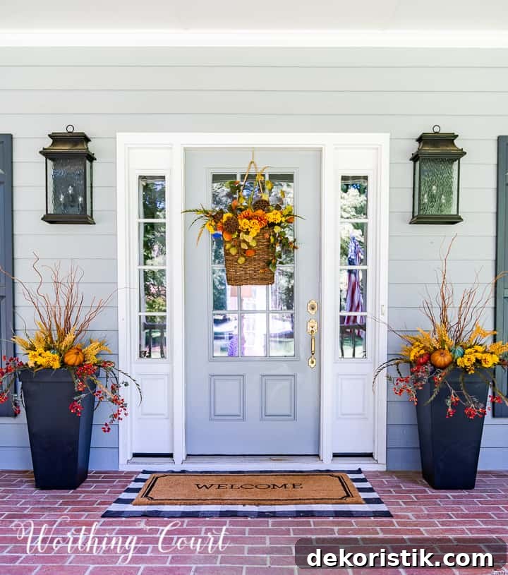 gray front door with a hanging basket and flanked with urns filled with faux fall stems and pumpkins in fall colors