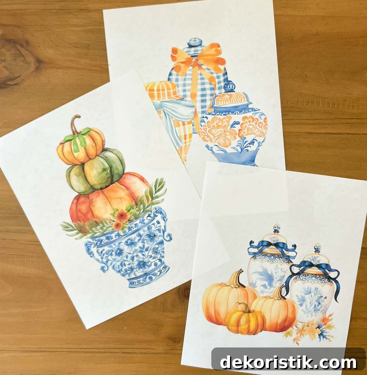 3 free fall printables lying in a group on a wood table