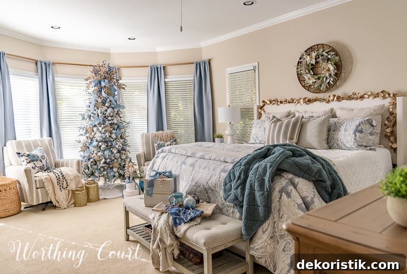 master bedroom decorated for Christmas with blue and gold decorations