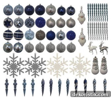 collection of blue and white Christmas ornaments