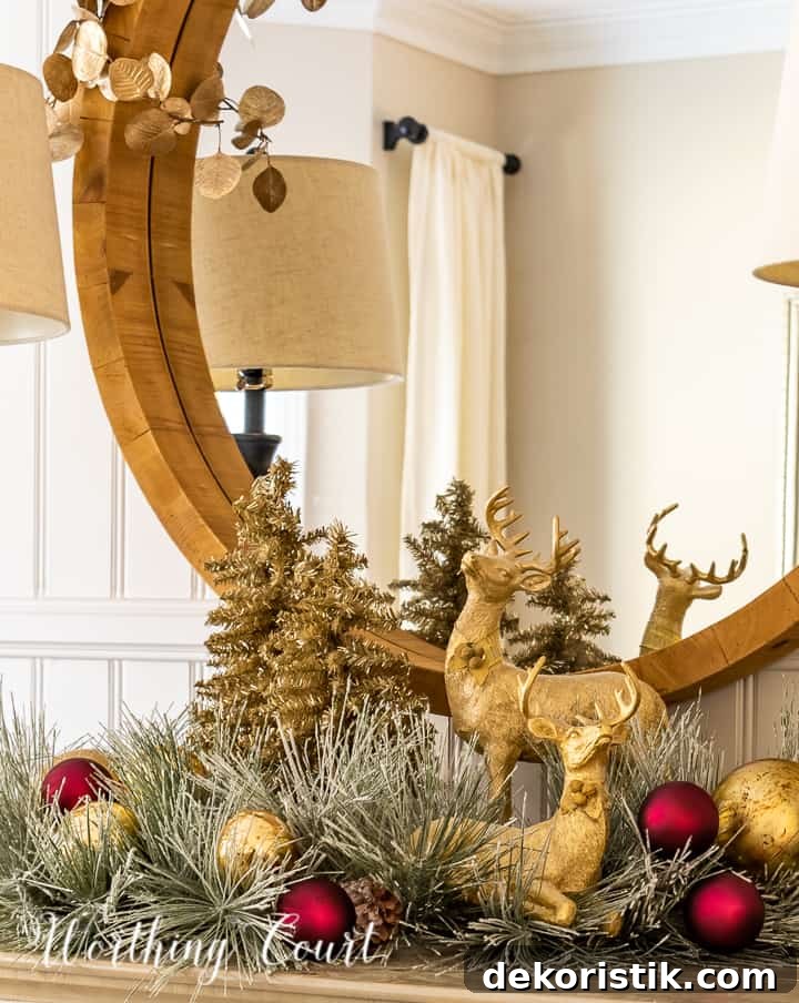 gold and burgundy Christmas sideboard decor
