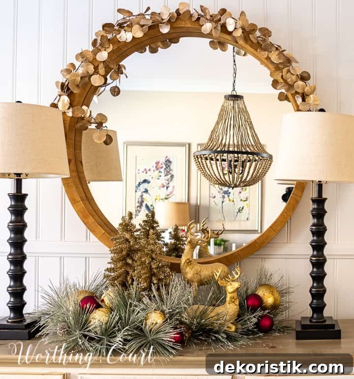 gold and burgundy Christmas sideboard decor