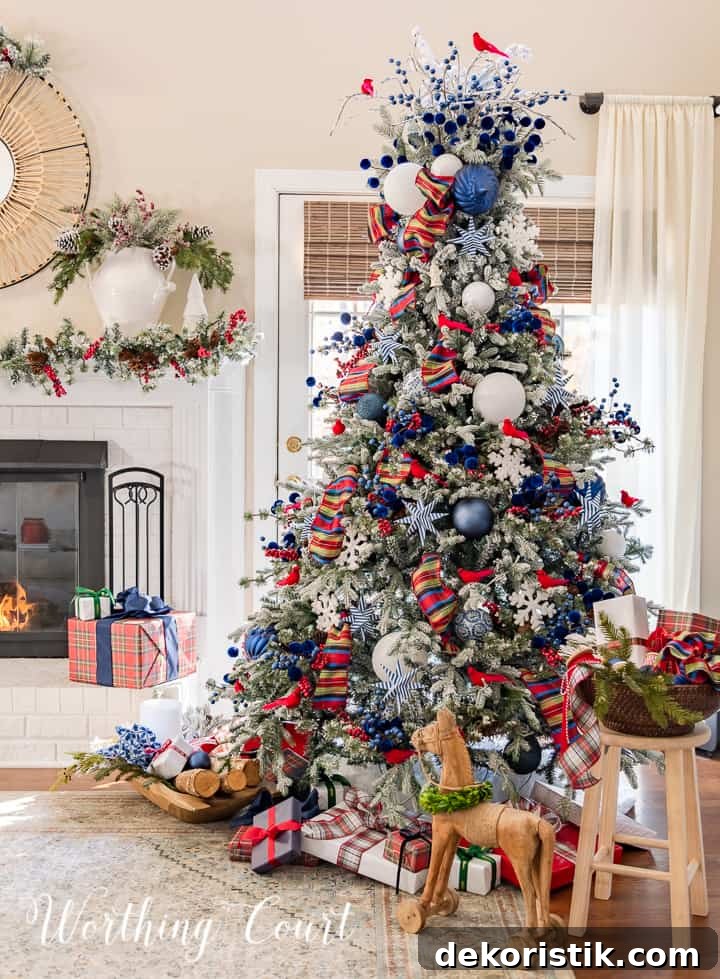 blue white and red decorations on a flocked Christmas tree