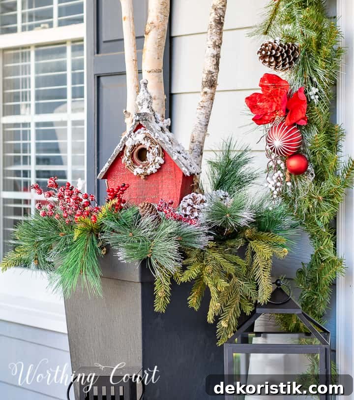 front porch decorated for Christmas with red and white garland, planters, trees, lanterns, rugs and pillows