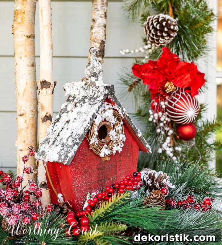 front porch decorated for Christmas with red and white garland, planters, trees, lanterns, rugs and pillows