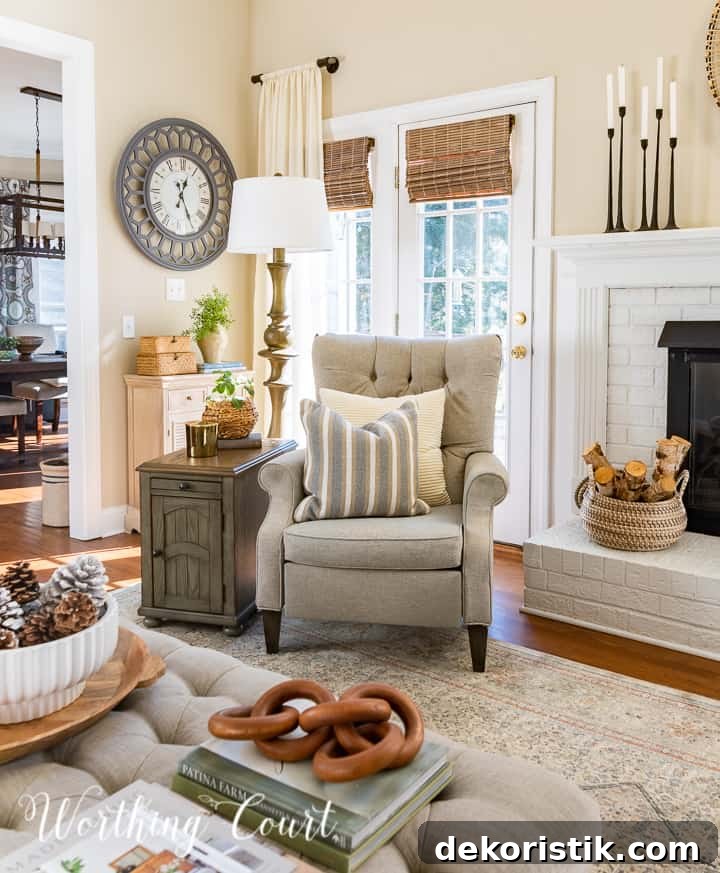 family room with neutral furniture and winter accessories