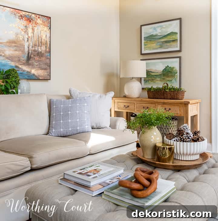 family room with neutral furniture and winter accessories