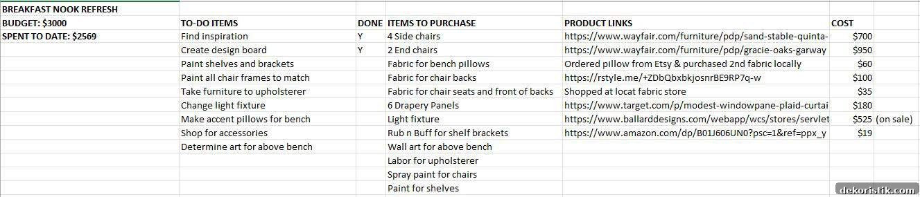 Excel spreadsheet with breakfast room refresh details