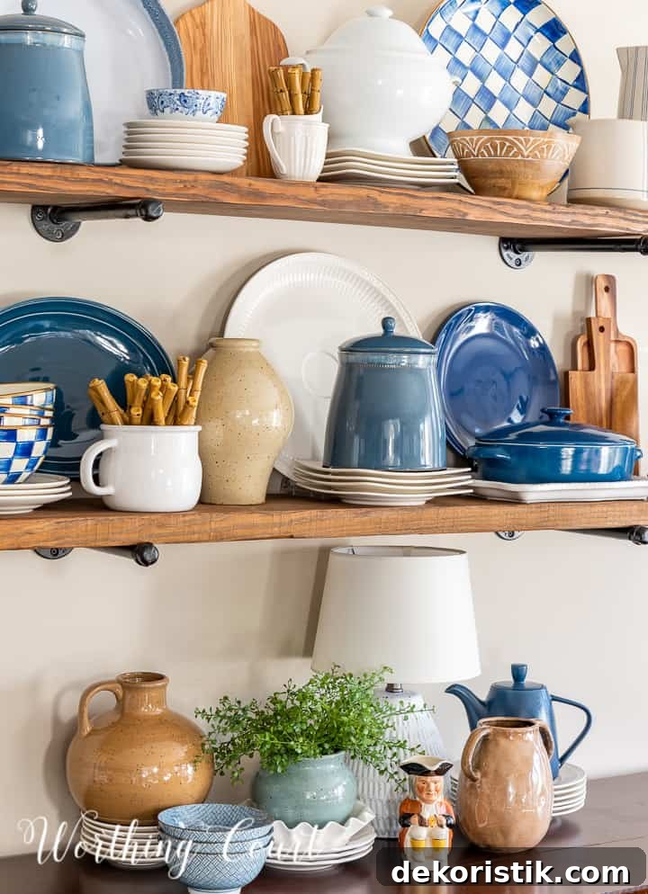 open wood shelves with blue and white accessories