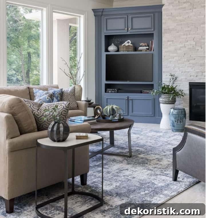 living room decorated with blue and neutrals