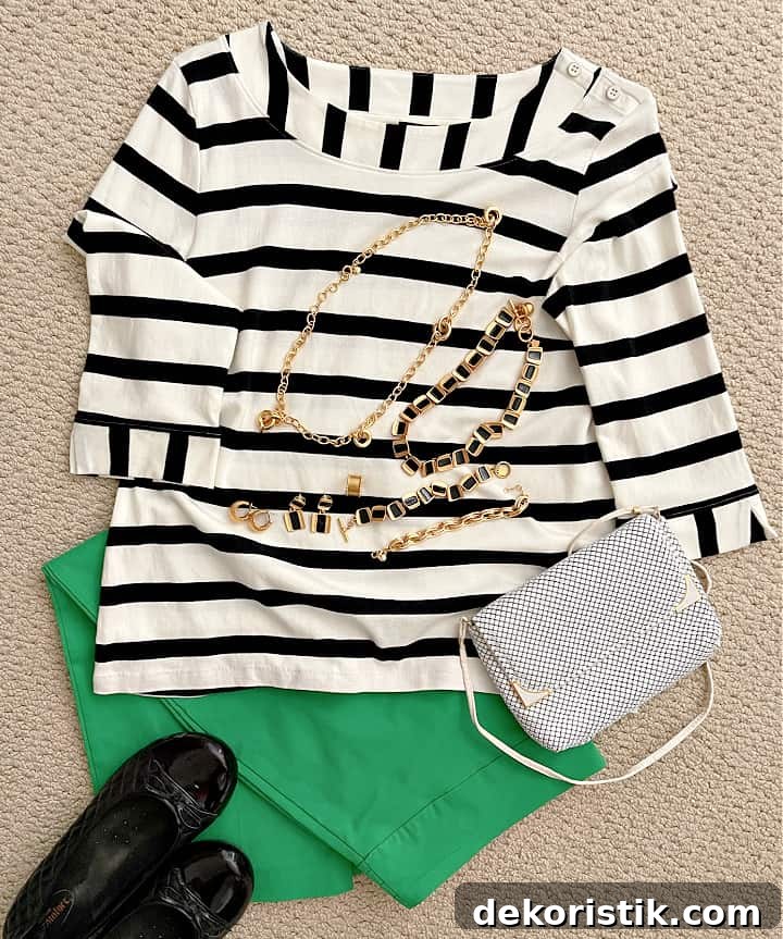 green, black and white outfit