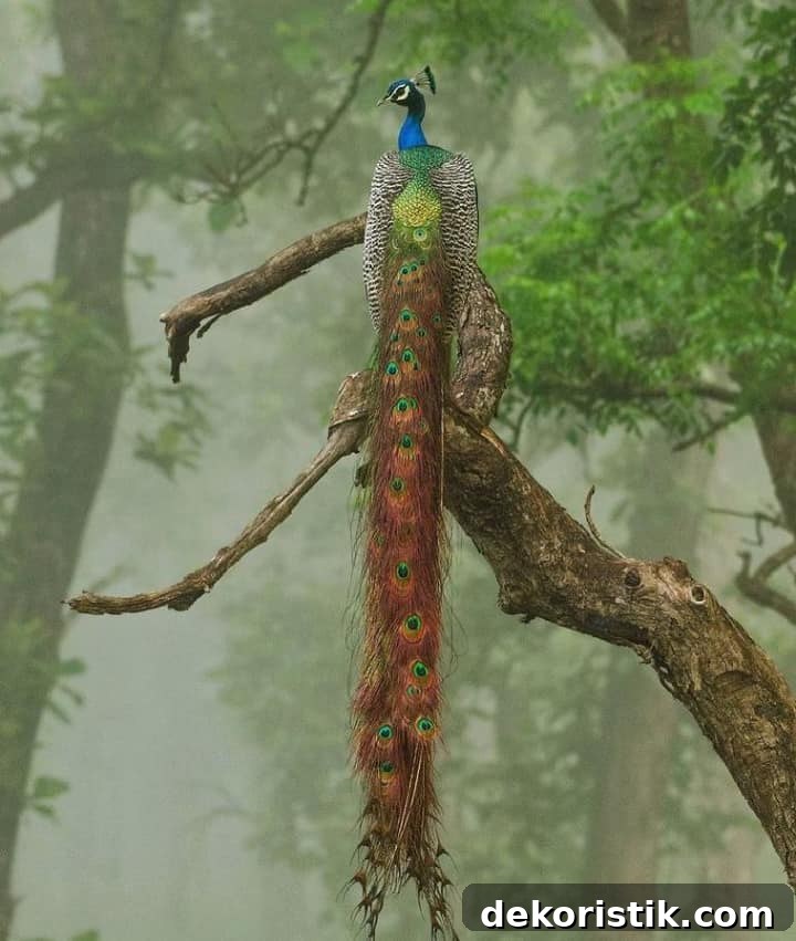 photo of peacock on a tree branch in a forest