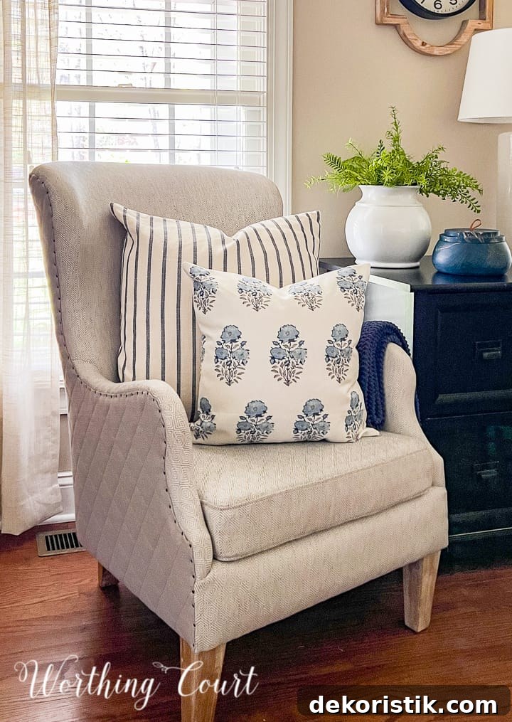 pillows in a gray arm chair