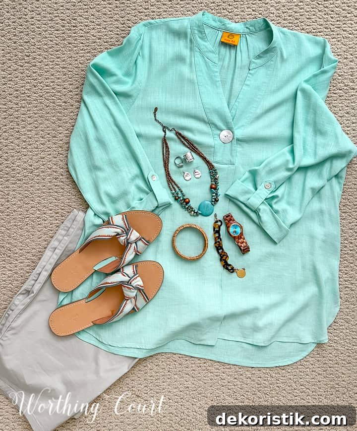 outfit with aqua top and khaki pants