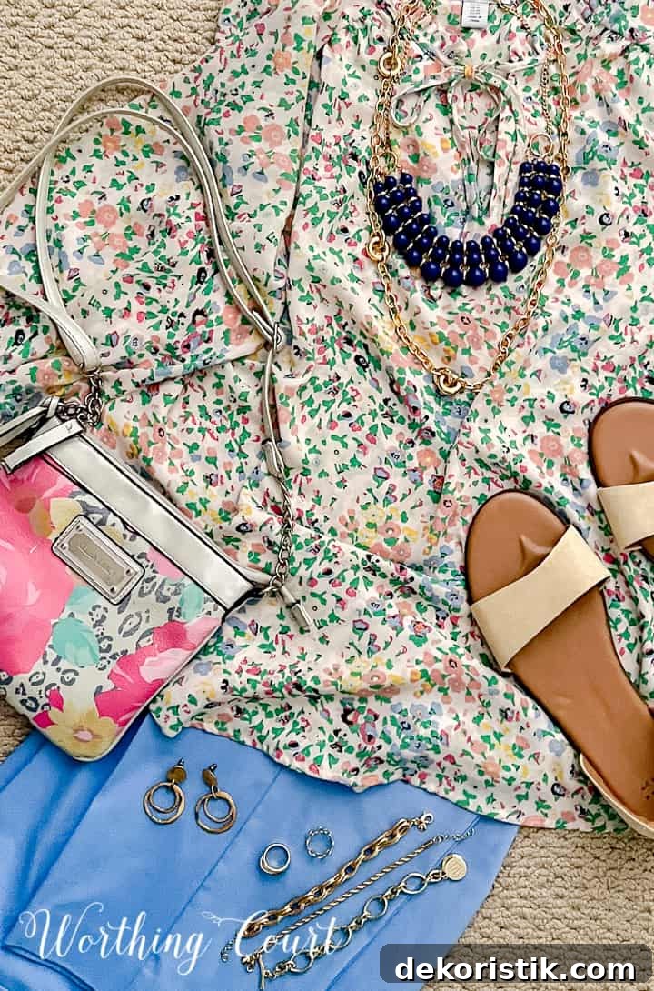 outfit with floral blouse and blue pants