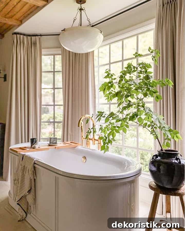 free standing oval bathtub in front of a large window