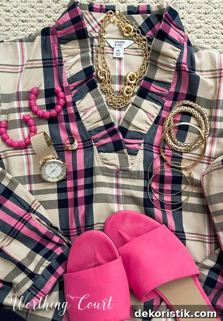 ladies plaid top with gold and pink jewelry and pink sandals