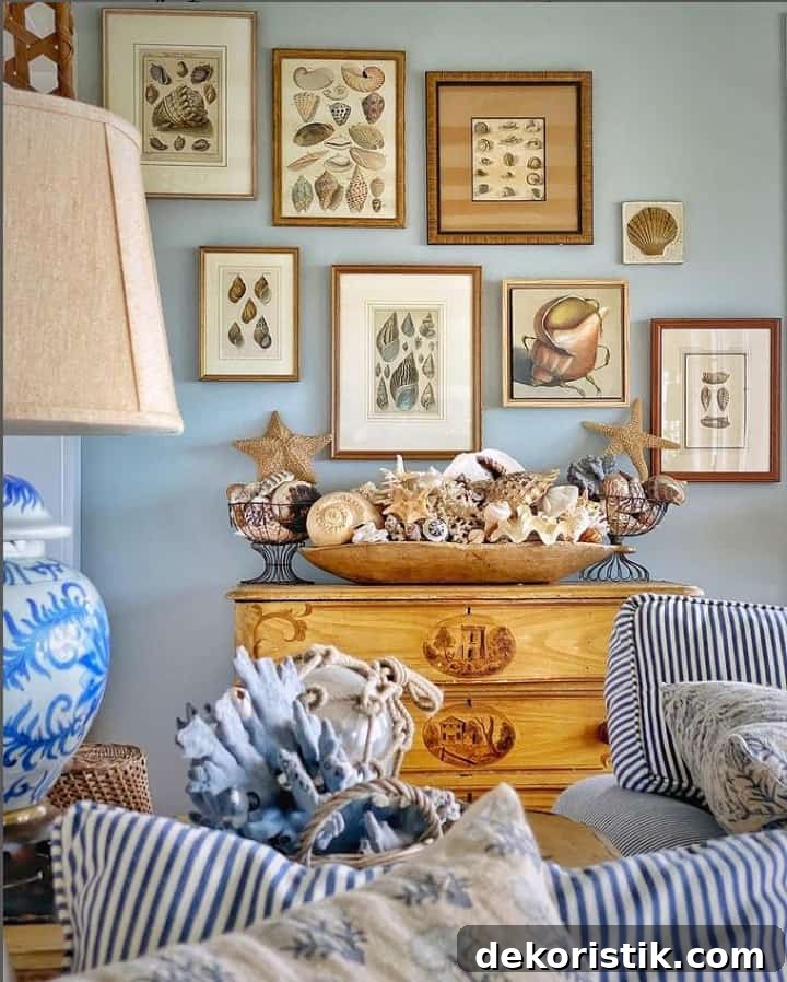 living room with seashell collection